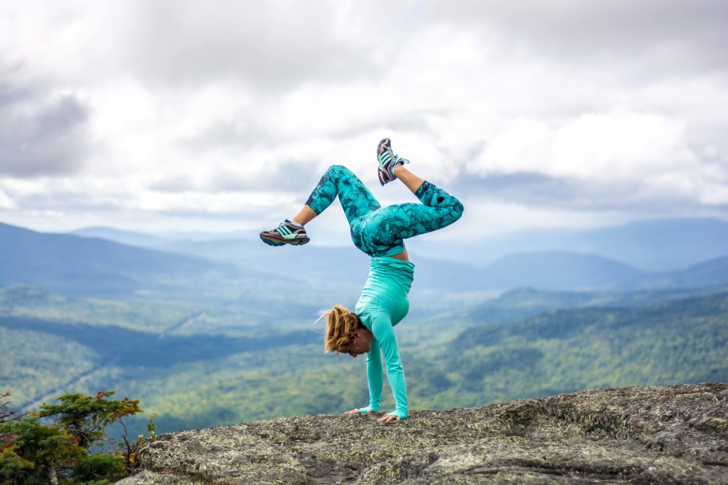 Lauren Rudick Yoga Handstand wearing Climawear on the Appalachian trail, Maine